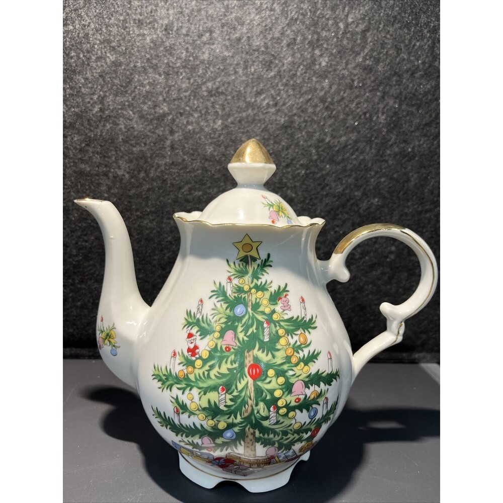VTG Lefton Christmas Tree Teapot W/ Lid Hand Painted Gold Trim Japan #1658